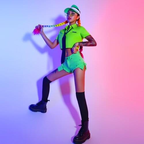 2021 Sexy Outfits For Women Fluorescent Green Suit Hip Hop Dance Costumes Adults Nightclub Bar Gogo Dance Stage Costumes DQS7296