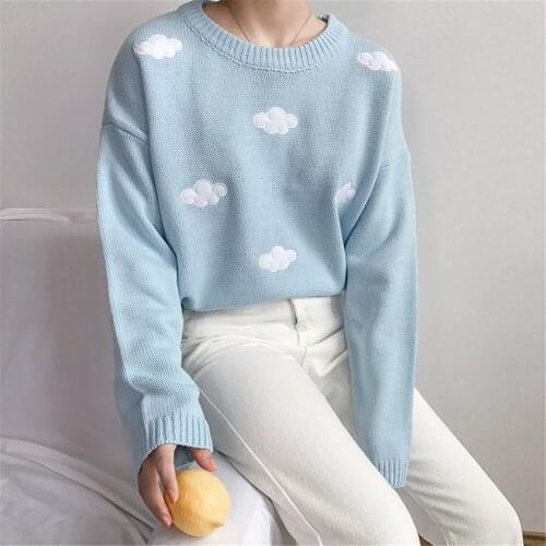 Autumn Winter Warm Multicolor Women Cute Cloud Pattern Applique Knitted Long Sleeve Sweater Loose Warm Pullover Jumpers Blue