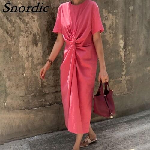 Women Summer Raspberry Pink Long Loose Dress 2021 New Twist Knot Vintage Folds Maxi Sundress