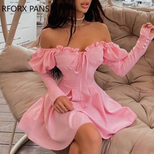 Women Solid Off Shoulder Frill Hem Strappy Mini Party Sexy Dress