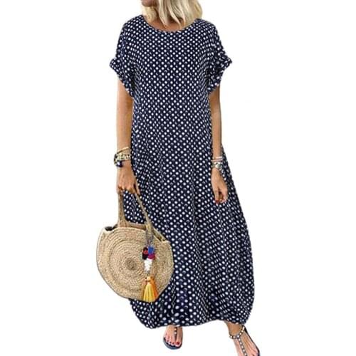 Female Maxi Dress Casual Dot Print Loose Large Hem Robe Round Neck Short Sleeve Printed Breathable Dresses Woman Summer 2021