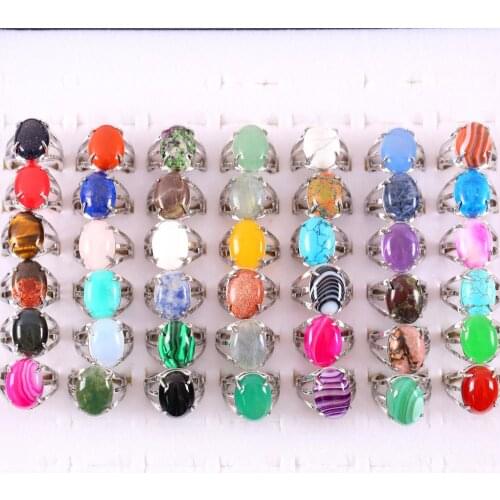 10Pcs Women Ring Jewelry Gift Natural Stone Oval Cabochon Beads Multi colors Adjustable Finger Ring K149