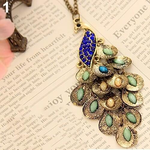 2017 Hot Selling Women Vintage Alloy Rhinestone Peacock Pendant Long Chain Charm Necklace