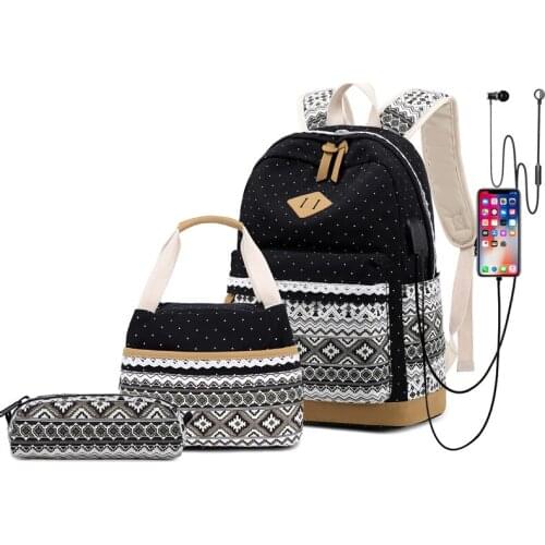 3 pcs Backpack Women Casual Daypack With USB Backpack Bag School Printing Canvas Bagpack for Teenage Girls and Boys Mchila