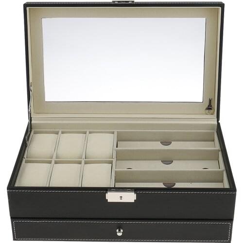 2-layer PU Leather Eyeglasses Storage Box Travel Sunglasses Organizer Jewelry Display Case Watch Box for Women Men