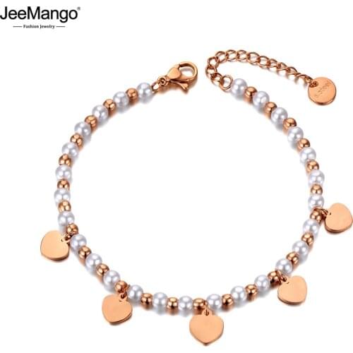 JeeMango Bohemia Stainless Steel CZ Crystal Simulated Pearl Heart Charm Bracelets Jewelry For Women Жемчужные Браслеты JB20092