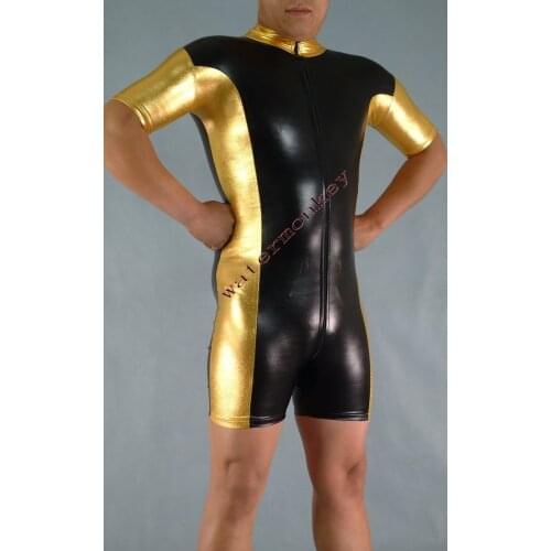 Halloween cosplay gold and black combination costume Jumpsuit Wear Short Sleeve jumpsuit Shiny Metallic Spandex Bodysuit