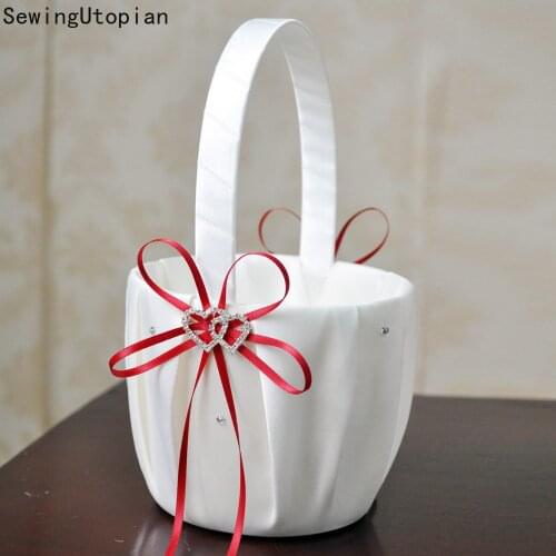Flower Girl Basket Romantic Wedding Day Collection Flower Basket White Satin Beaded Wedding Flower Girl Basket Bowknot 13x22cm