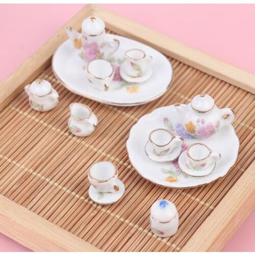 8PCS 1/12 Dollhouse Miniature Pink Flower Patten Porcelain Coffee Tea Cups Set Model For Dollhouse Decoration New