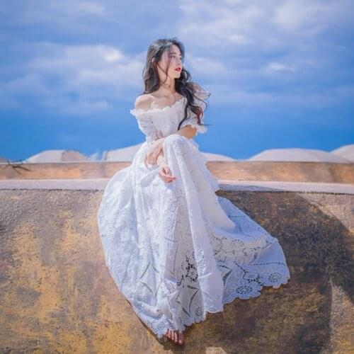 Summer Lace Dresses Women Sexy Lashe Neck Short Sleeve Hollow Out Long Beach Maxi Party Dress Vestidos Verano 2020 Mujer