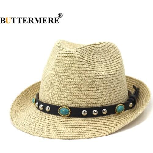 BUTTERMERE Summer Hat for Women Men Jazz Straw Hat Summer Beach Hats Ladies Fedora UV Sun Protection 2021 New Chapeau Femme