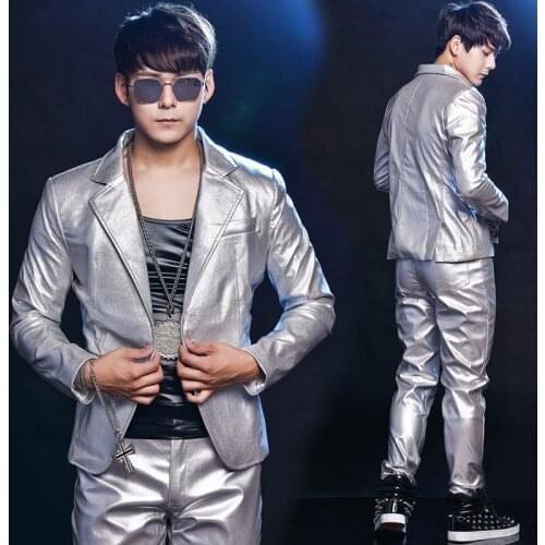 Nightclub Male GoGo Dance Costume Three Sets Hip Hop Dance Pants Drum Performing Bright Silver Suit Singer Stage Costume BL2212