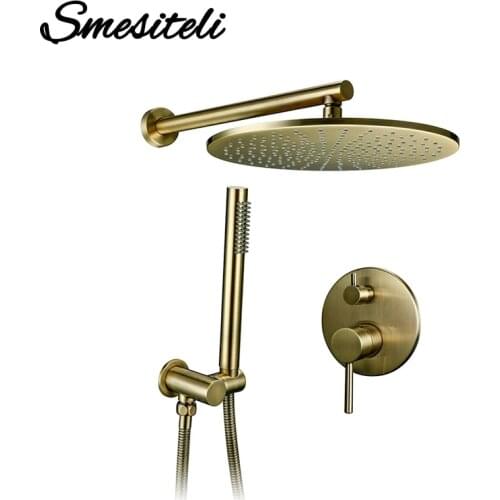 8/10/12 inch Solid Brass Shower Set Bathroom Round Head Faucet Luxury Gold HandShower Diverter Mixer Golden Handheld Spray Set