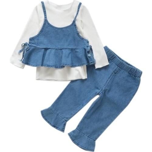 Girls Spring Denim Camisole T-shirts Jeans 3pcs Clothing Set Baby Toddler Child Spring Denim Casual Clothes Sets