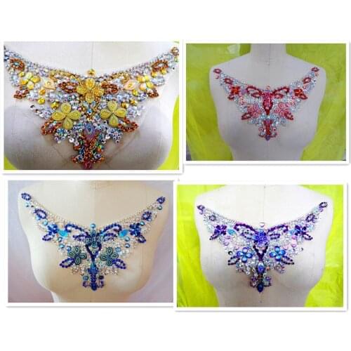 Handmade Hot drilling Rhinestone lace embroidery patch collar applique wedding dress bordados DIY Performance clothing