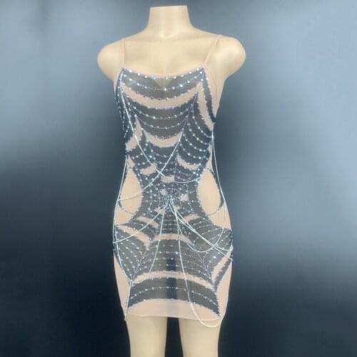 Sexy Perspective Mesh Yarn Full Diamond Chain Suspender Dress Nightclub Bar Female Singer DJ DS Stage Costume Bar Wear DNV13143