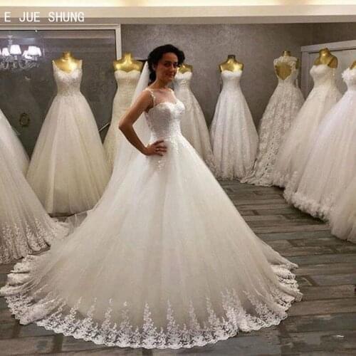 E JUE SHUNG Modest A Line Wedding Dresses Sheer Jewel Neck Lace Up Back Appliques Puffy Tulle Bridal Dresses vestido de noiva