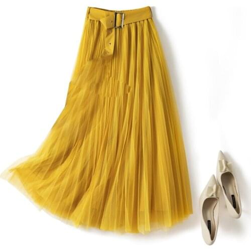 Stylish high-waisted temperament pleated skirt women 2021 spring summer feel A-word skirt plus size skirt Sashes Casual