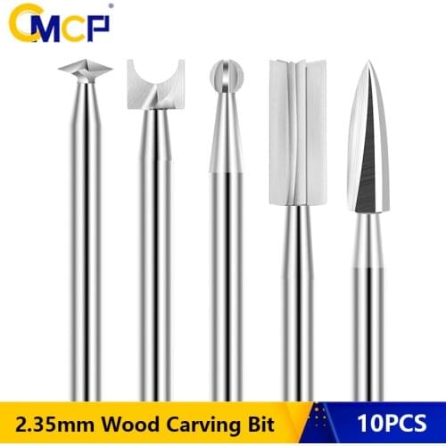 CMCP Wood Carving Bit 10PCS Wood Engraving Drill Bits 2.35mm Shank Carbide Grinding Bit Sharp Edges Woodworking Drilling Tools