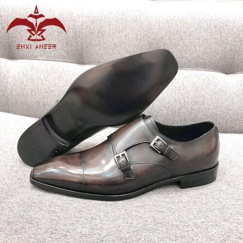 ENXI ANEER Monk Shoes for Hunky Men! Genuine Leather Shoes chaussures en cuir in Patina Chocolate Color 39/40/41/42/43/44 Size