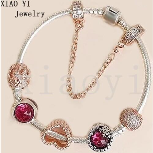 XIAOYI 2020 new 100% s925 Yellow hollow love glass safety chain charm gentle high quality Bracelet surprise gift female