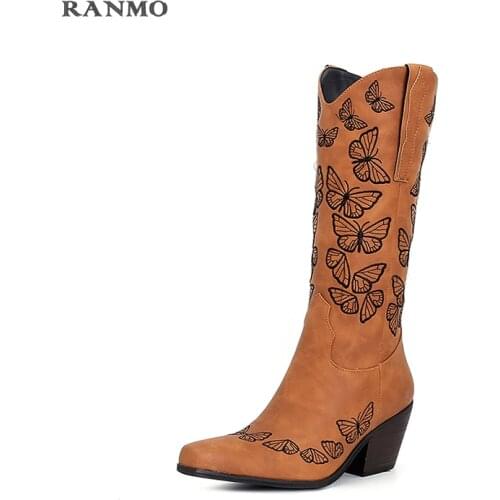 2021 Autumn Europe and The United States Retro Thick with Pointed Embroidery West Knight Boots Embroidery Boots Womens Boots
