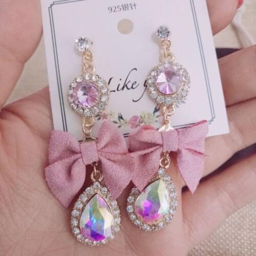 Women Cute Pink Bowknot Crystal Drop Earrings AM1266