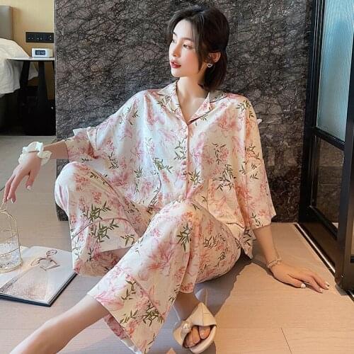 2021 New 2 Piece Silky Satin Pajama Sets Luxury Women New Floral Printed Feminino Nightgown Femme Sleepwear Ladies Home Clothes