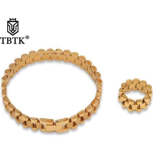 TBTK Simple Style Jewelry Set Gold Metal Stainless Steel Bracelet&Ring High Quality Hiphop Man Costume Jewelry Punk Party Style
