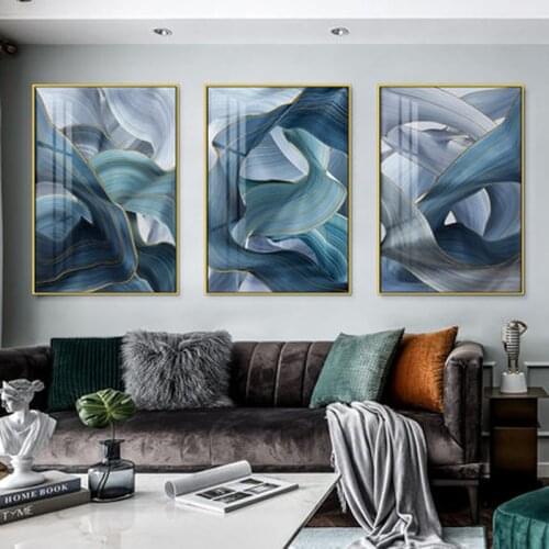 Gold lines green blue wavy geometric poster new chinese canvas print contemporary painting wall art home decor picture