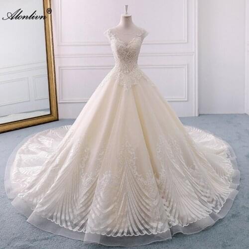 Alonlivn Real Photo Elegant O-Neck Bridal Dresses Unique Charming Lace Beading Pearls Top Part Ball Gown Wedding Gowns