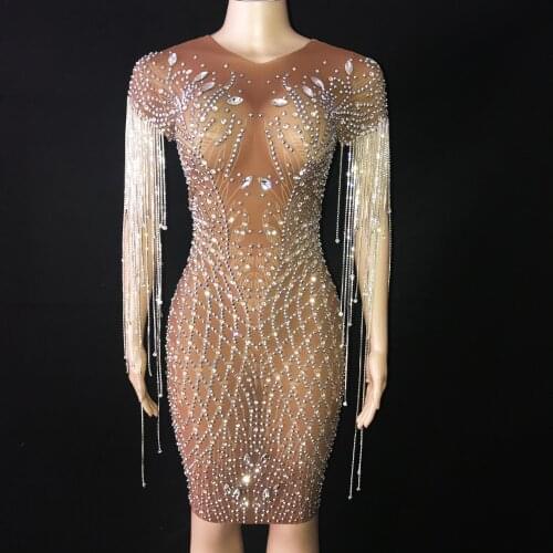 Flashing Crystals Chains Rhinestones Dress Birthday Party Celebrate Costume Stones Fringes Outfit Singer Nightclub Dance Outfit
