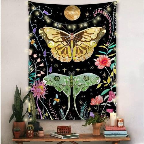 Cilected Black Background Flower Butterfly Print Tapestry Moon Wall Hanging Living Room Bedroom Paintings Party Decor Tapestry