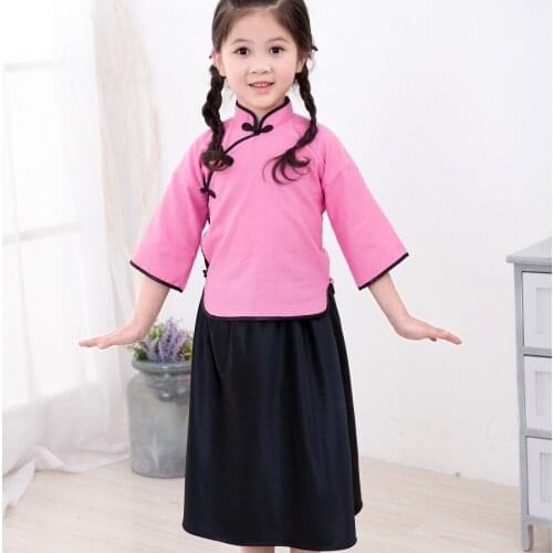 Girls T-Shirt Jumper Skirts Clothes Suits Fashion Children School Clothing Sets Chinese Style Costumes 100% Cotton Sets