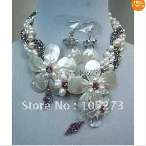 Classic!19'inchs Flower Necklace AA 7MM-25MM White Color Genuine Pearl+Gary Crystal Wholesale Necklace New Free shipping FN464