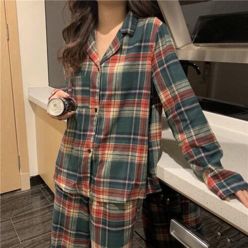 Plaid Women Leisure Printing Soft Long Sleeve Trousers Sleepwear 2020 Home Suit 2 Pieces Christmas Pajamas Set Cotton Homewear