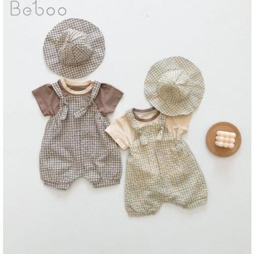 Baby Clothes Sets Summer New Boys Short Sleeve Suspenders With Hat Three Piece Suit Unisex Fashion Korean Plaid Set For Girls