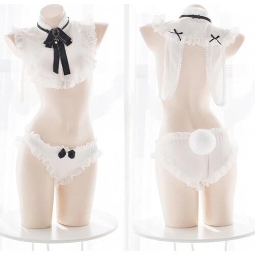 Anime Rabbit Girl Cosplay Costume Sexy Lingerie Lolita Chiffon Camisoles Set White Tops & Panties & Tail Underwear Set Wholesale
