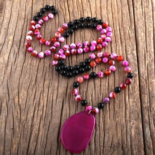 MD Fashion Boho Jewelry 108 Hot Pink & Black Beads Knotted Stones Necklaces With Semi Precious Pendant Bohemia Necklace