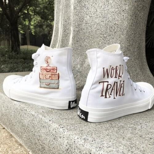 Wen Original Design WORLD TRAVEL Around the Earth with Luggage White High Top Canvas Skateboard Shoes Man Woman Flats Sneakers