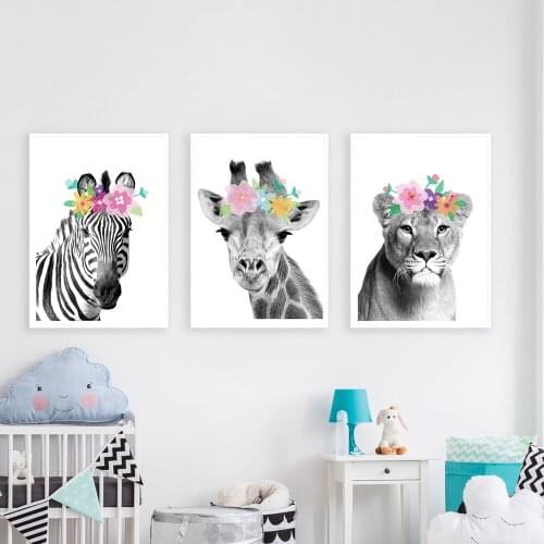 Flower Animal Canvas Poster Lion Zebra Giraffe Nursery Wall Art Print Painting Wall Pictures Kids Baby Bedroom Home Decoration