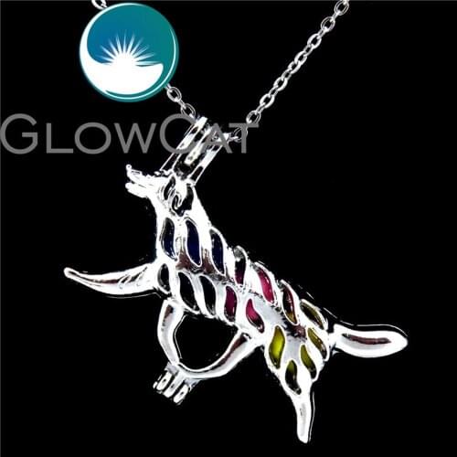 GLOWCAT K548 Animal Wolf Necklace Beads Cage Aromatherapy Oyster Pearl Cage Locket Necklace 18" Steel Chains