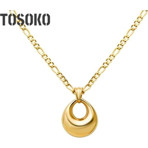 TOSOKO Stainless Steel Jewelry Figaro Chain Hollow Oval Pendant Necklace Womens Fashionable Clavicle Chain BSP332