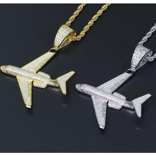 Brass CZ aircraft plane shape pendants Iced Out Hip Hop Necklace For Men And Women Gold color