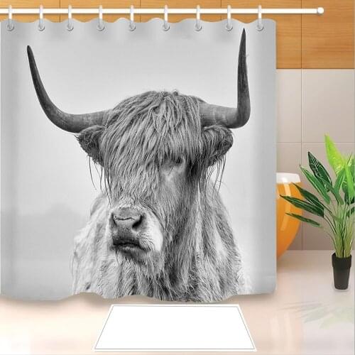 Highland Cow 3D Print Shower Curtain Polyester Fabric Bathroom Curtain Waterproof Hook Bath Curtain 02