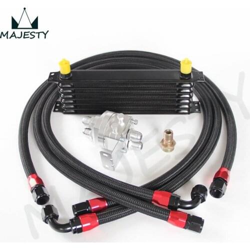 UNIVERSAL 7 ROW ENGINE OIL COOLER + FILTER RELOCATION KIT + SS LINES SILVER