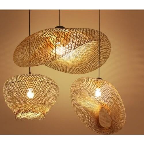 Japanese Bamboo Wicker Rattan Pendant Light Fixture Vintage Wave Shade Hanging Lamp Home Indoor Dining Room Suspension Luminaire