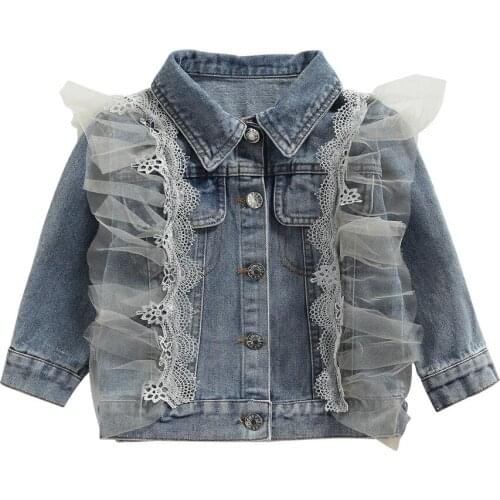 2021 2-8Y Fashion Kids Baby Girl Denim Jackets Flower Lace Tulle Pocket Button Fly Long Sleeve Outwear Spring Fall Princess Coat