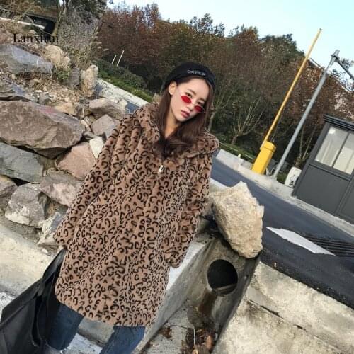 Fashion Winter Thick Warm Leopard Hooded Rex rabbit Fur Coat Women Outwear High Quality Loose Long Faux Rabbit Fur Jacket Female