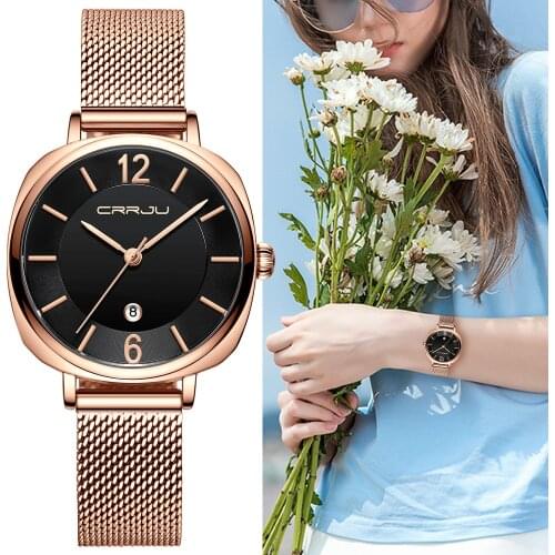 Women Watches CRRJU Top Brand Luxury 2020 Fashion Date Ladies Wristwatches Stainless Steel Rose Mesh Strap Female Quartz Watch